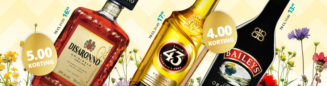 Disarronno 5.00 korting,  Licor 43 en Baileys 4.00 korting