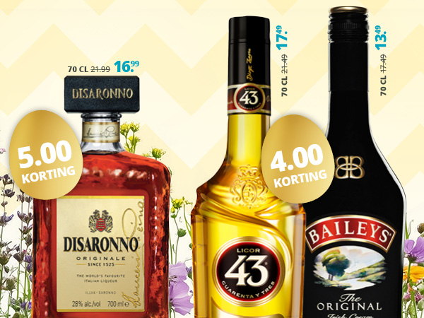 Disarronno 5.00 korting,  Licor 43 en Baileys 4.00 korting