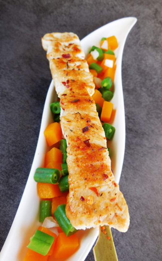 Kalkoenspiesjes met sperziebonen en flespompoen